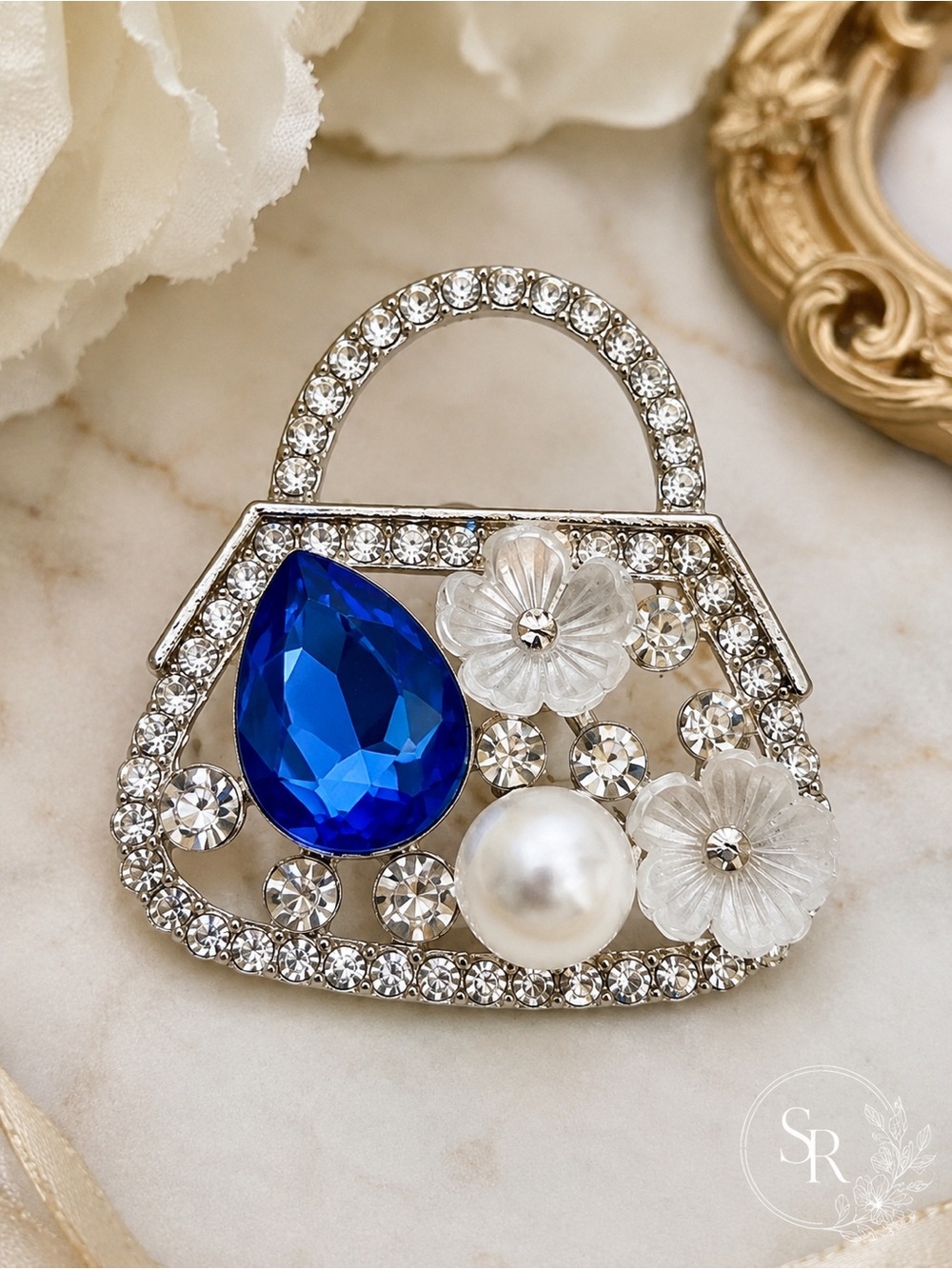 Handbag Purse Brooch Blue Gemstone Pearl Floral Rhinestone Statement Pin